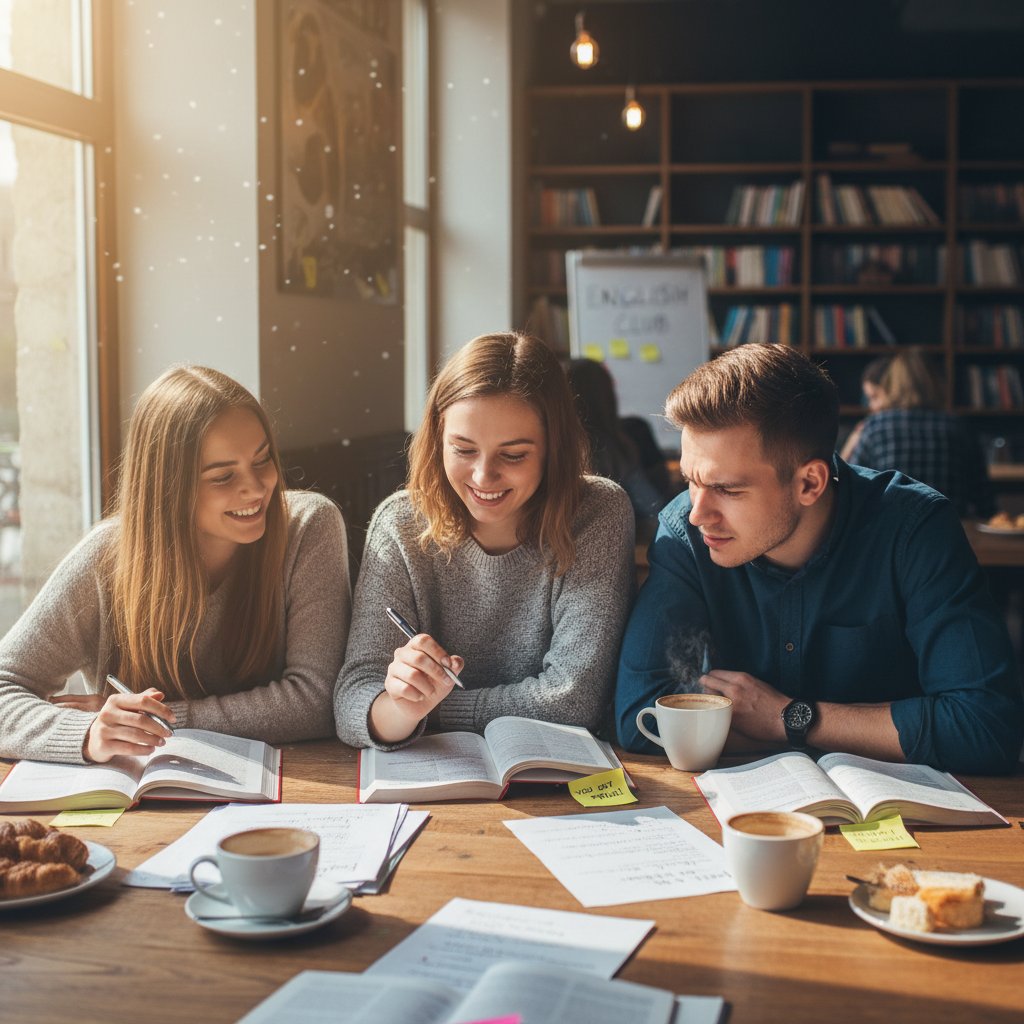 Zdjęcie Polaka uczącego się angielskiego z przyjacielem przy kawie, w tle notatki, atmosfera wsparcia