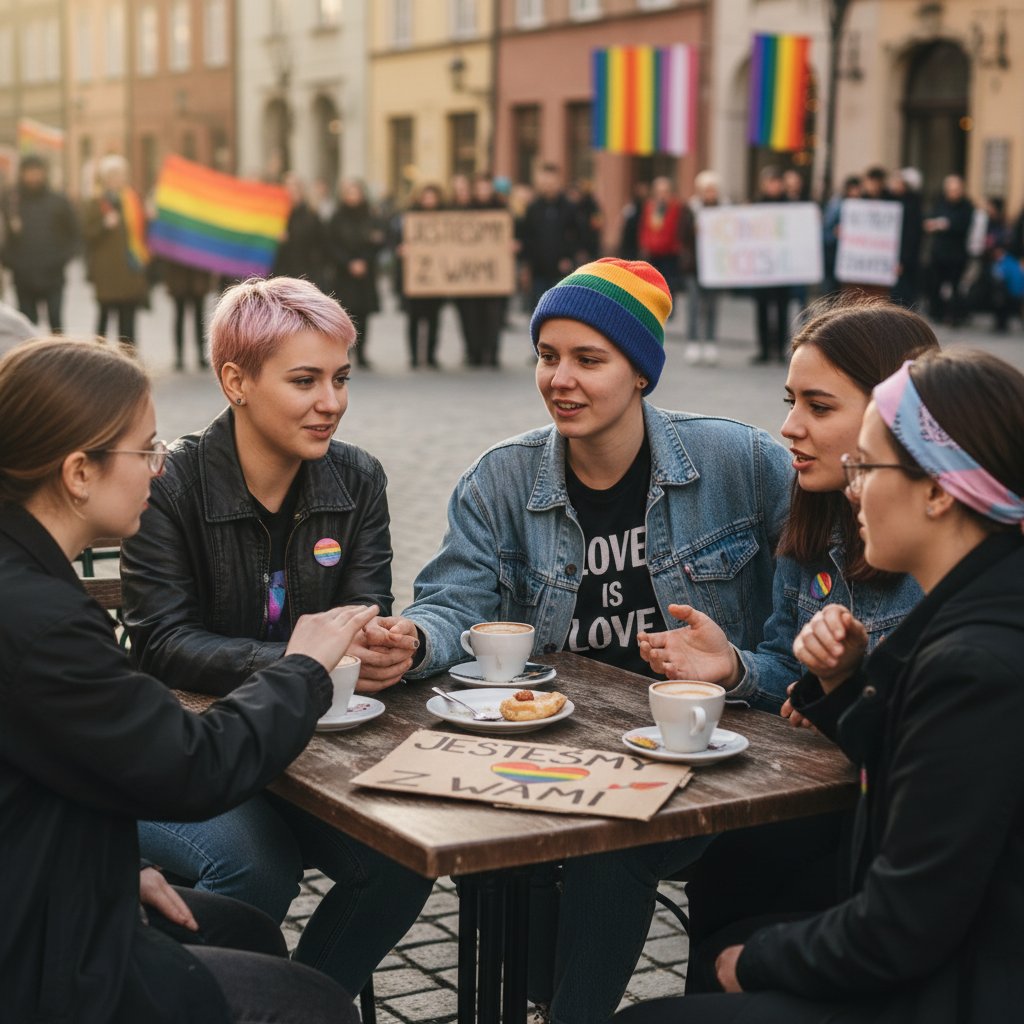 Grupa młodych osób rozmawiających ze sobą z empatią, symbolizująca wsparcie podczas coming outu