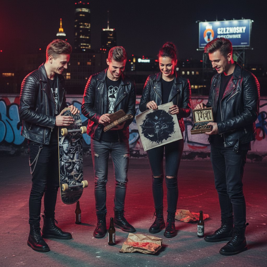 Przyjaciele wymieniający się nietypowym prezentem w miejskim otoczeniu, nocą, silne emocje, oryginalność