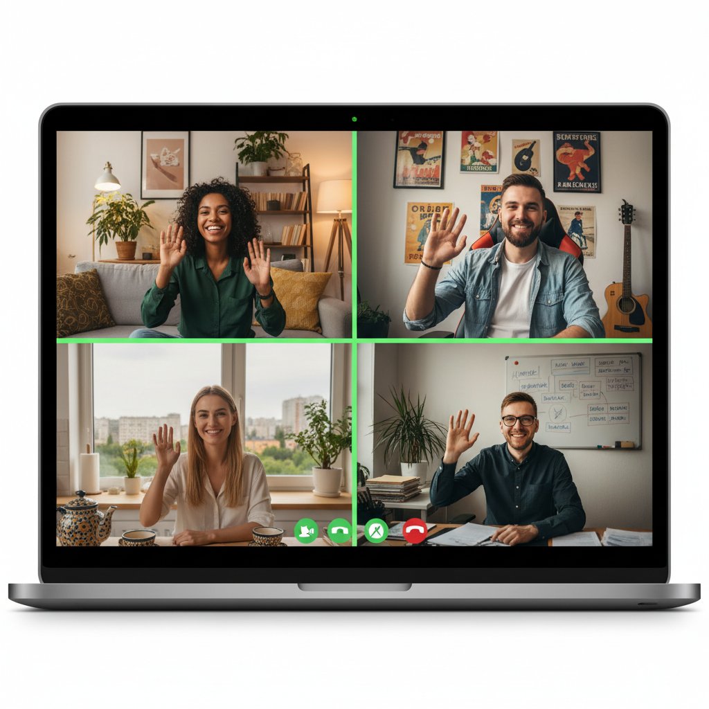 Para osób rozmawiających przez wideochat, ekran laptopa, widoczne domowe tło i subtelny klimat intymnej rozmowy