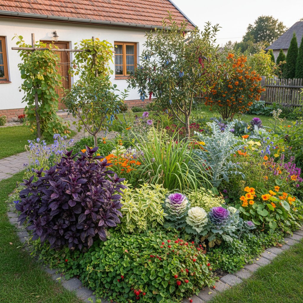 Nowoczesny ogród przydomowy z nietypowymi roślinami jadalnymi i ozdobnymi