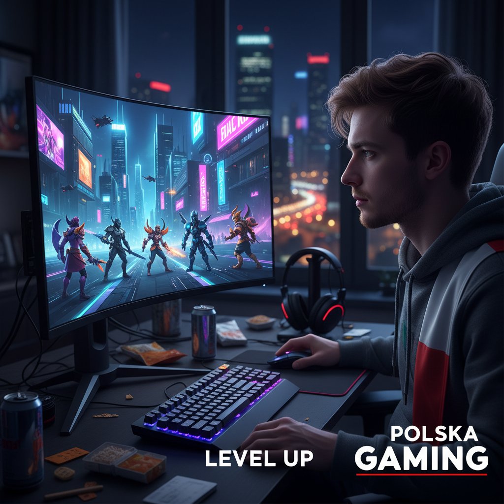 Polski gracz przy komputerze nocą, otoczony cyfrowymi awatarami i czatami, słowa kluczowe: towarzystwo do gier online, samotność gracza