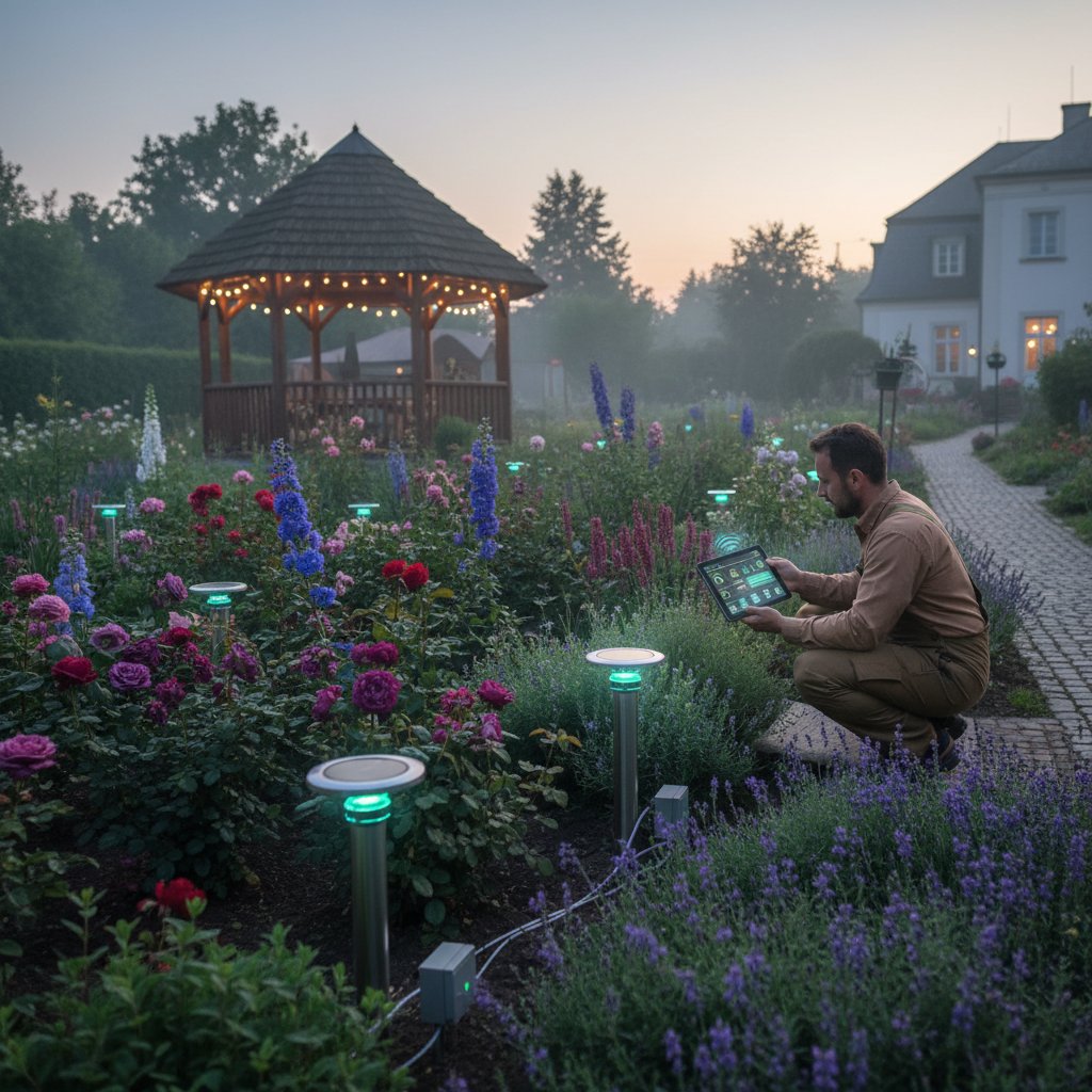 Nowoczesny polski ogród o zmierzchu z inteligentnymi sensorami i ogrodnikiem z tabletem