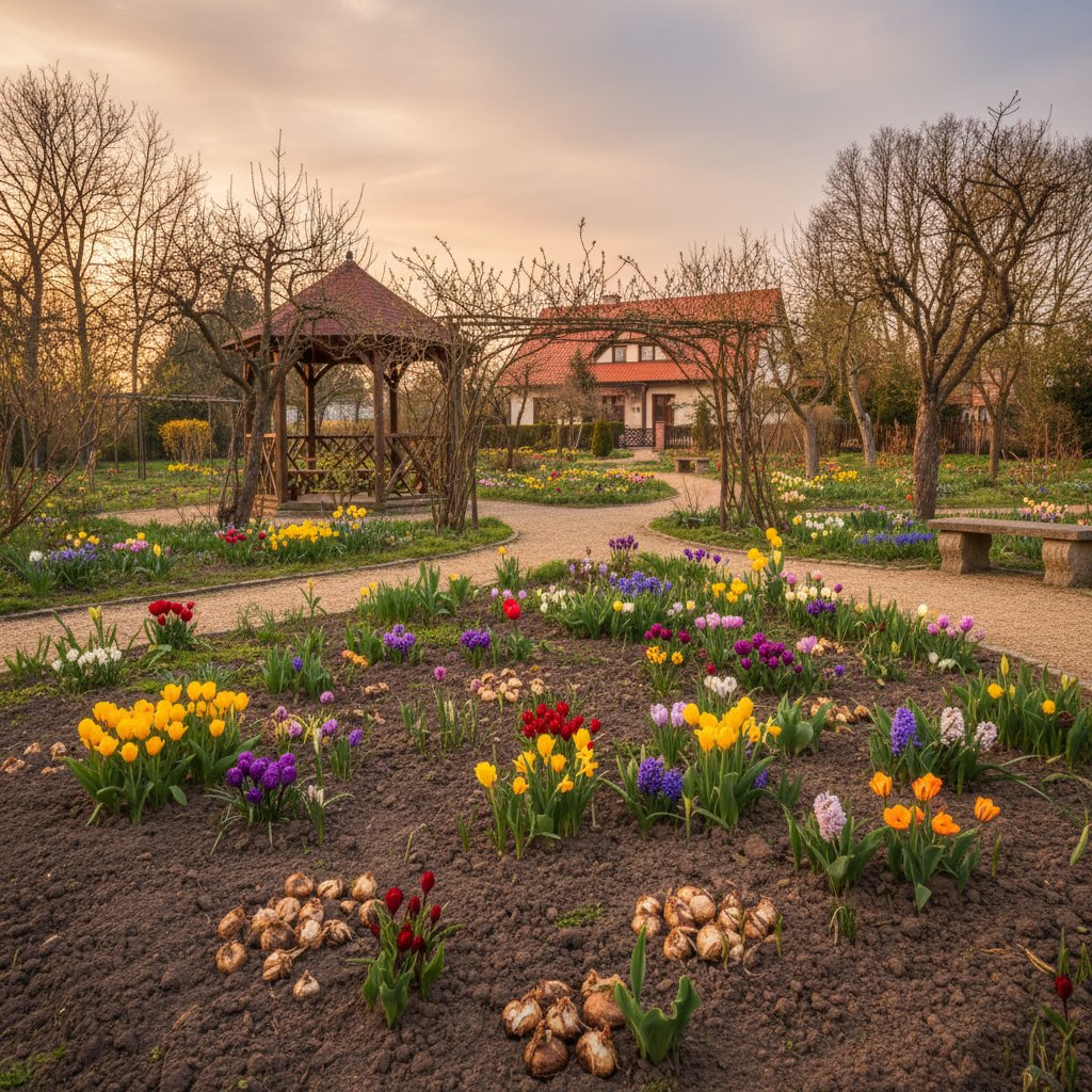 Polski ogród z cebulowymi w czasie nietypowo ciepłej zimy, brak śniegu