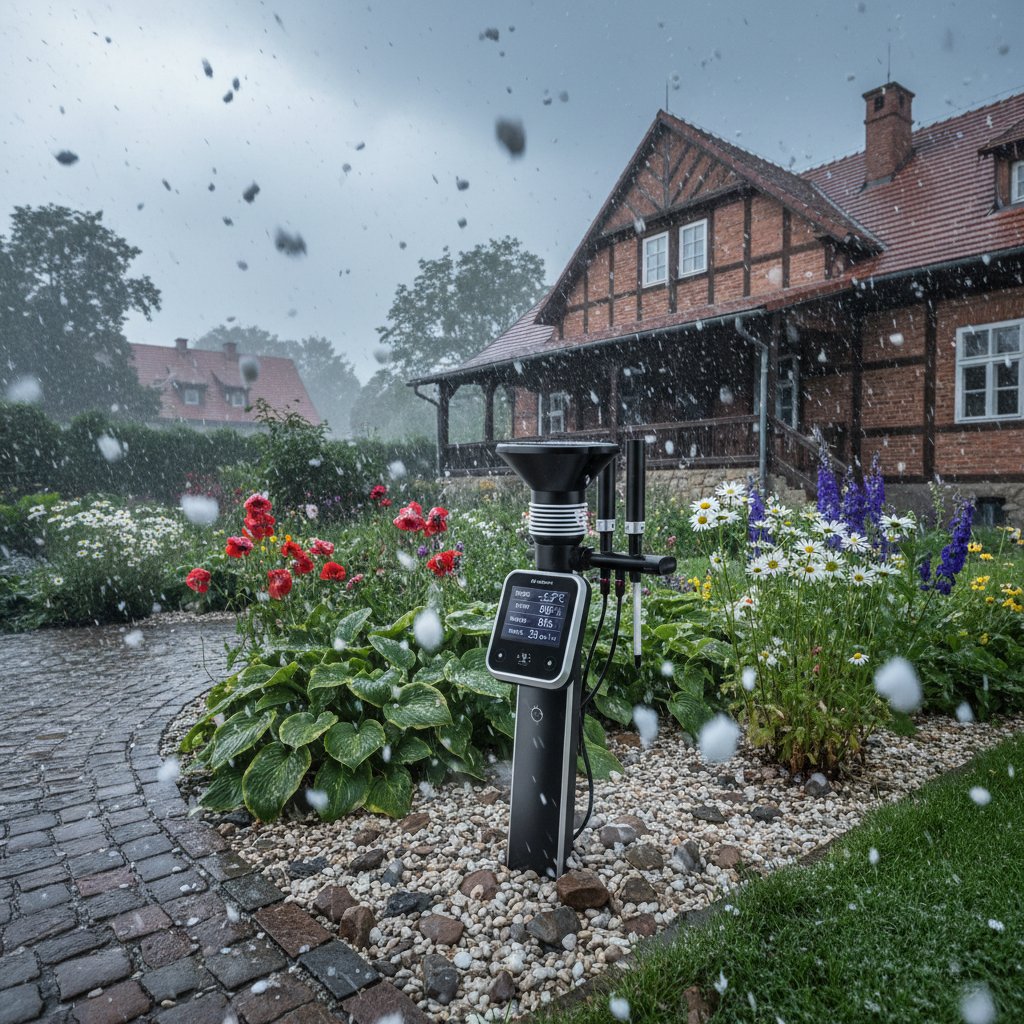 Ogród podczas gradobicia z widoczną stacją pogodową – wyzwanie dla smart systemów w Polsce