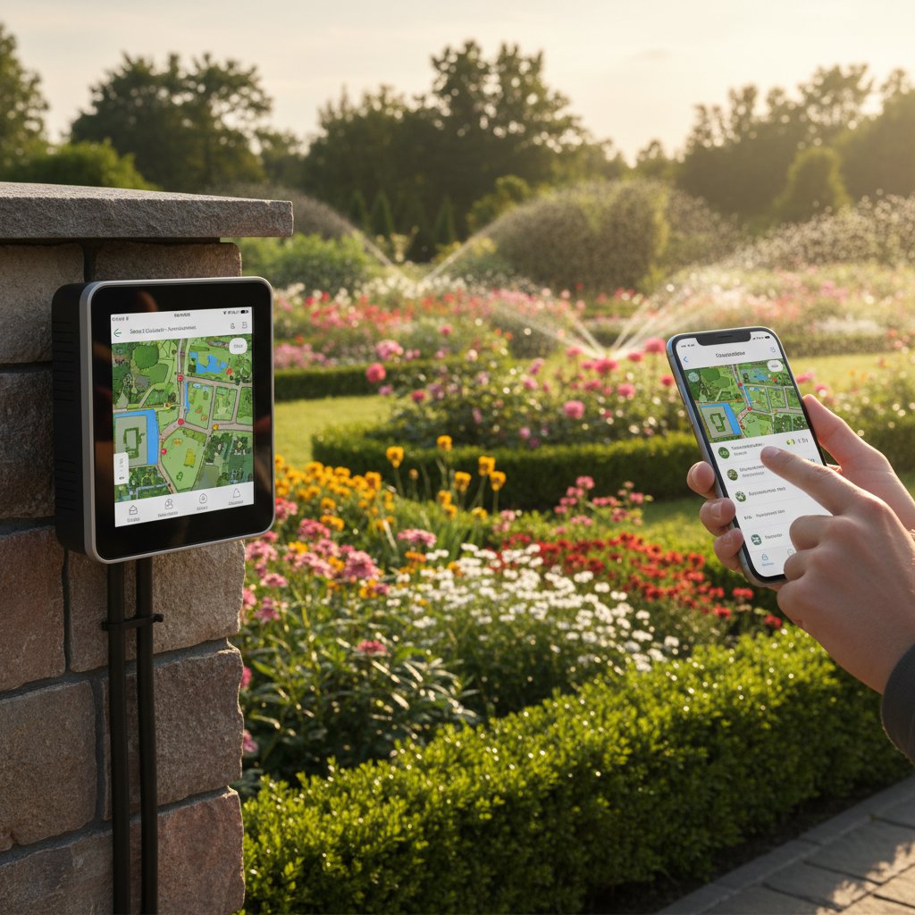 Nowoczesny panel sterowania systemem nawadniania w polskim ogrodzie, widoczny smartfon