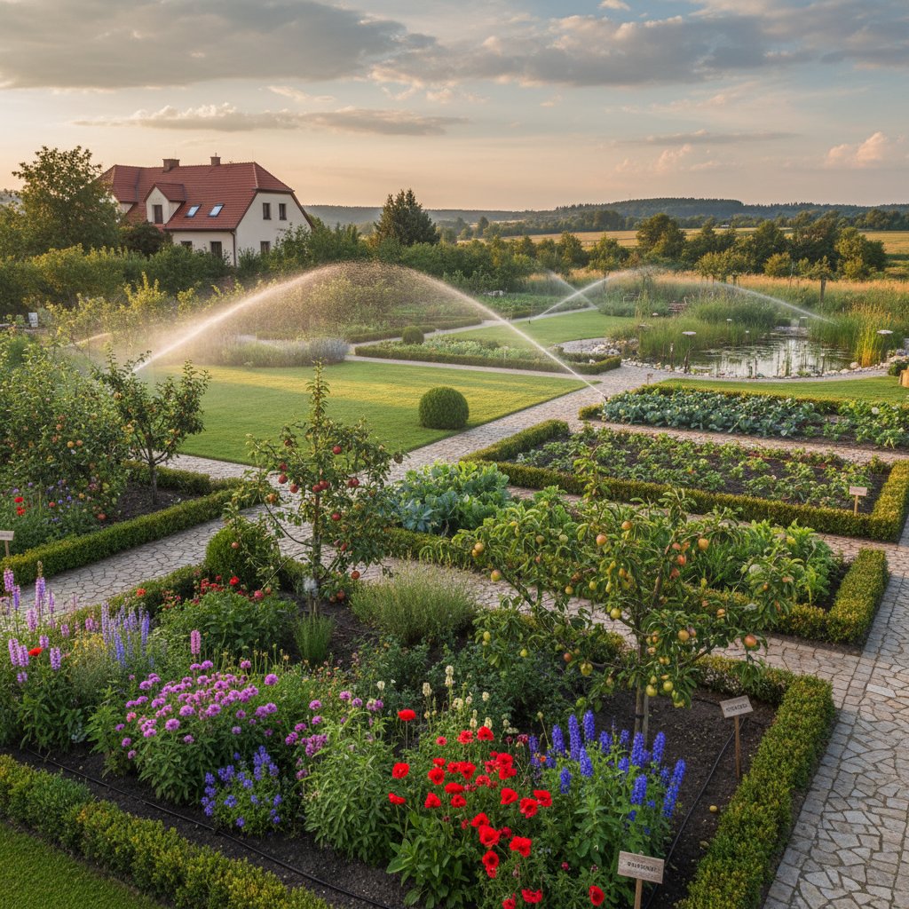 Polski ogród podzielony na strefy, widać różne typy roślin i automatyczny system nawadniania