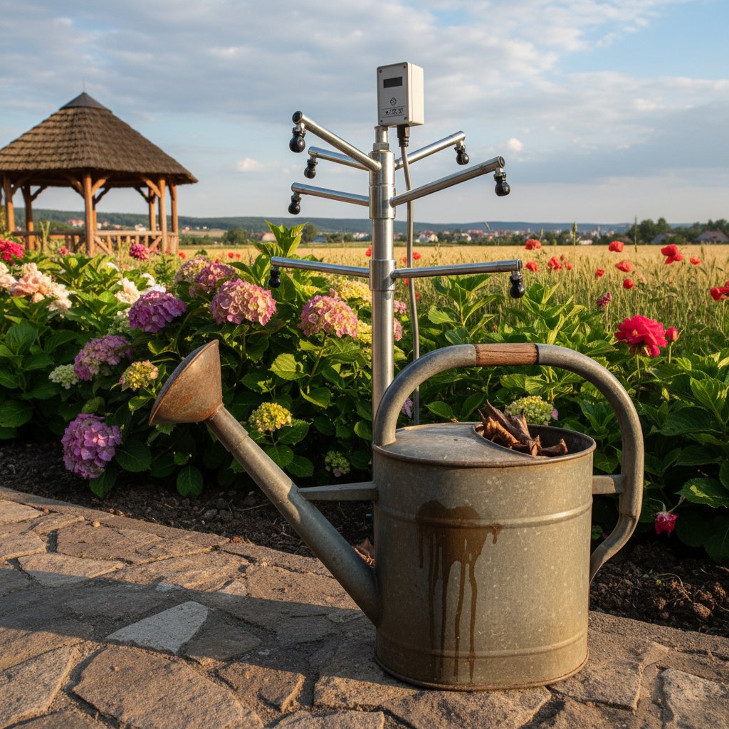 Stara konewka i nowoczesny system nawadniania w jednym kadrze, polski ogród domowy