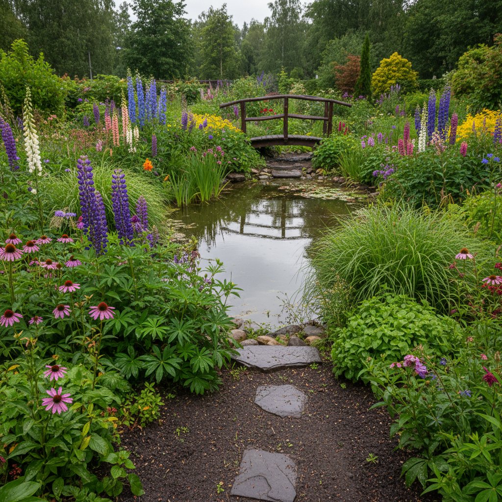 Polski ogród po rewitalizacji na podmokłym terenie: oczko wodne, byliny, trawy