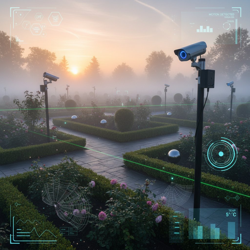 Ogród z nowoczesnym monitoringiem i czujnikami, poranek, lekka mgła, dyskretne kamery i technologia