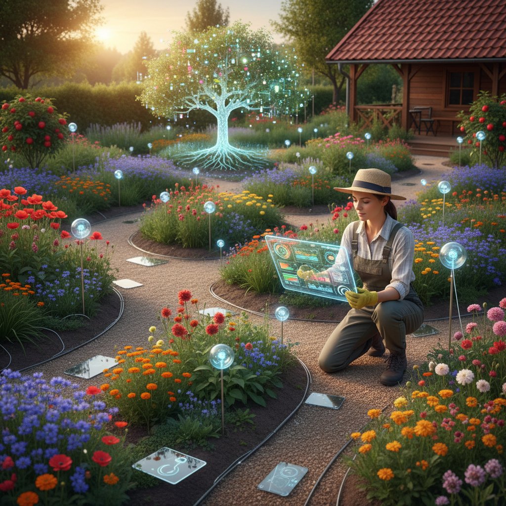 Nowoczesny polski ogród z sensorami i ogrodnikiem analizującym dane na tablecie
