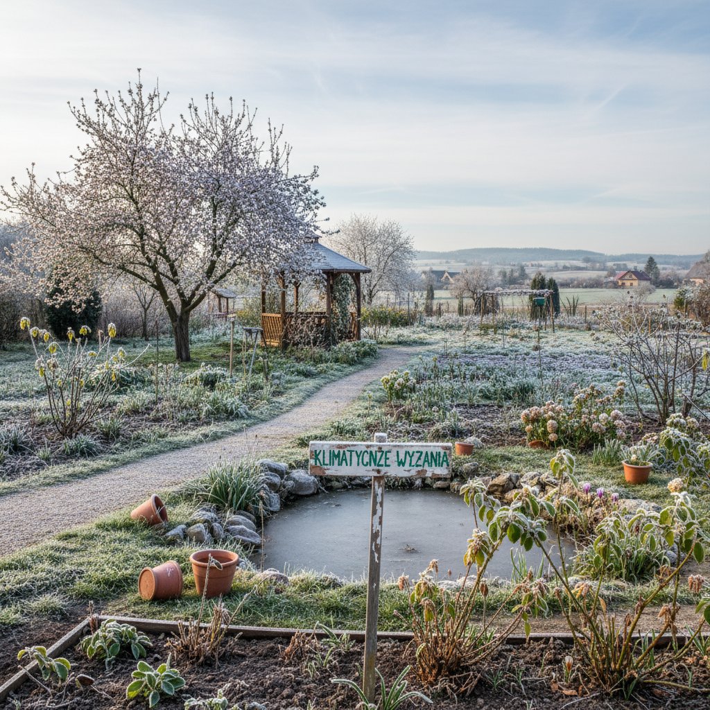 Ogród podczas polskiej wiosny z widocznymi przymrozkami