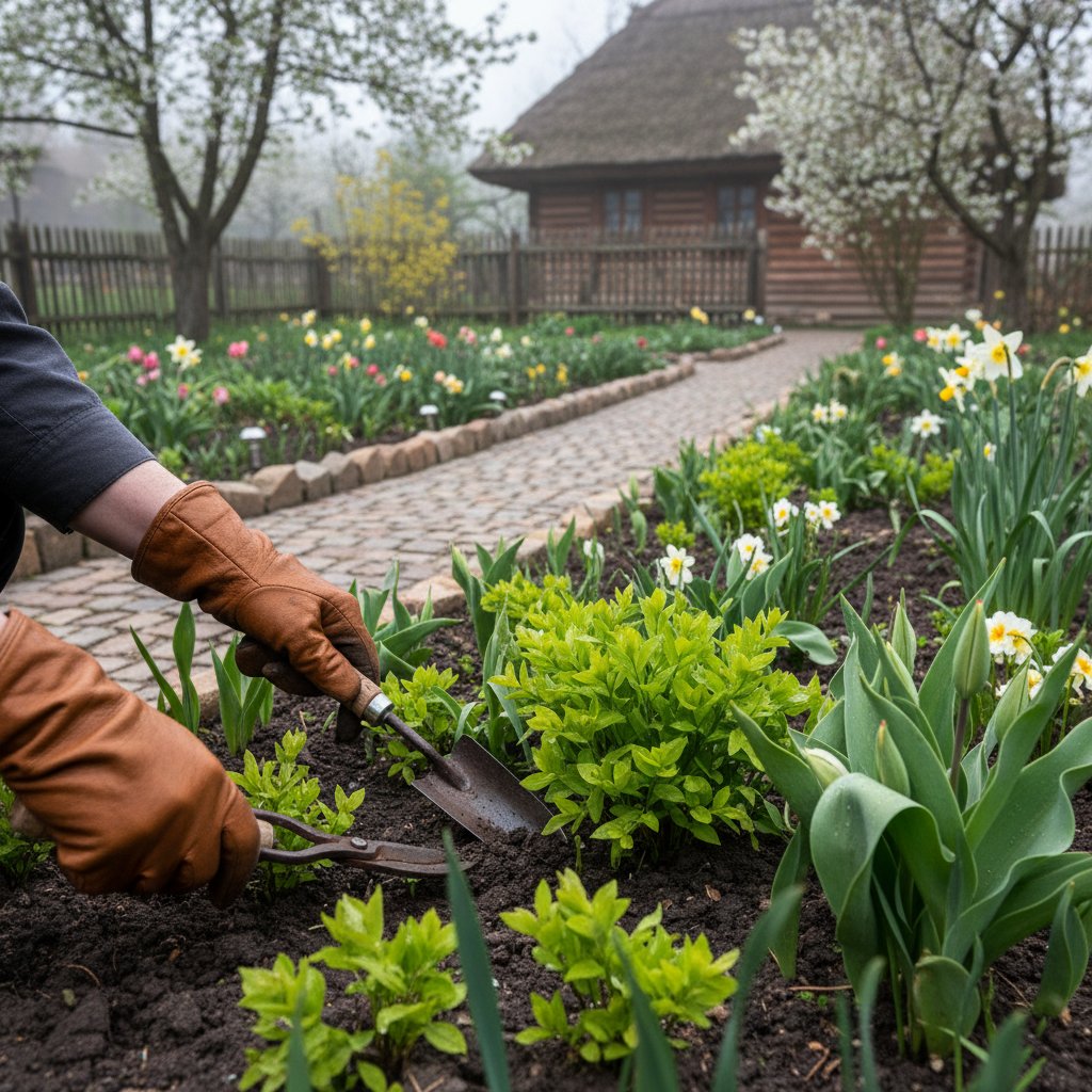 Ogród polski o świcie, ręce w rękawicach pielęgnujące nowe pędy, narzędzia ogrodowe na rosie