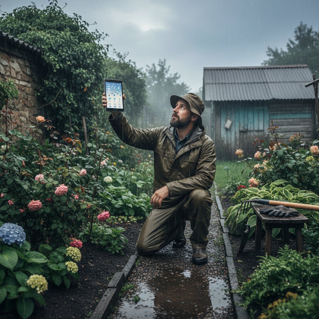 Ogrodnik sprawdzający pogodę na smartfonie w deszczowym polskim ogrodzie