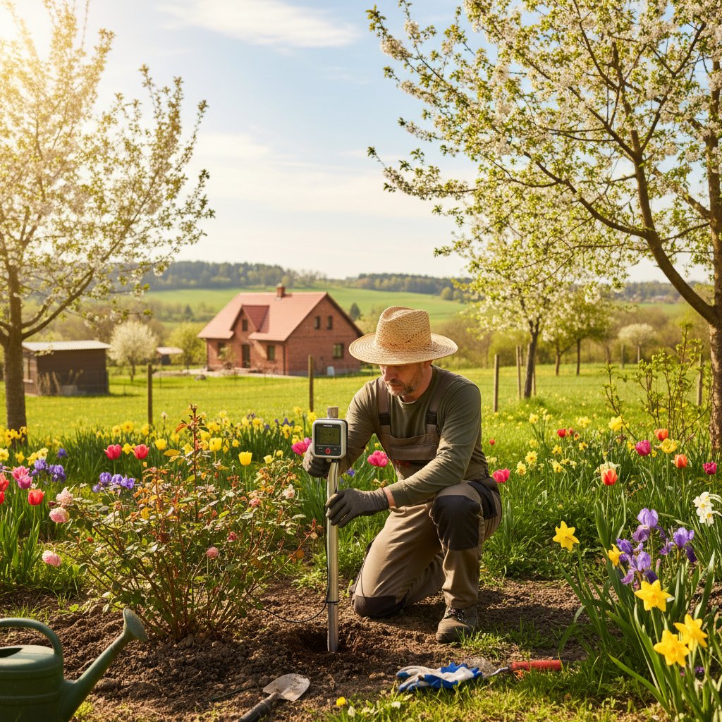 Polski ogrodnik podczas instalacji czujnika nawożenia w ogrodzie, wiosenna pogoda