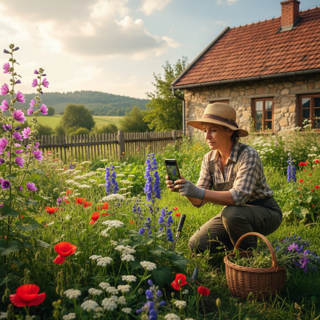 Ogrodnik w polskim ogrodzie z aplikacją, lokalne rośliny i typowe polskie warunki