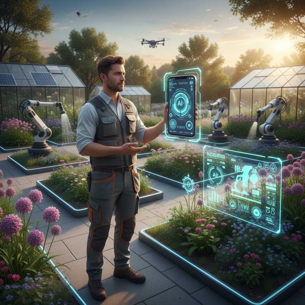Polski ogrodnik korzystający ze smartfona i interfejsu AI w letnim ogrodzie