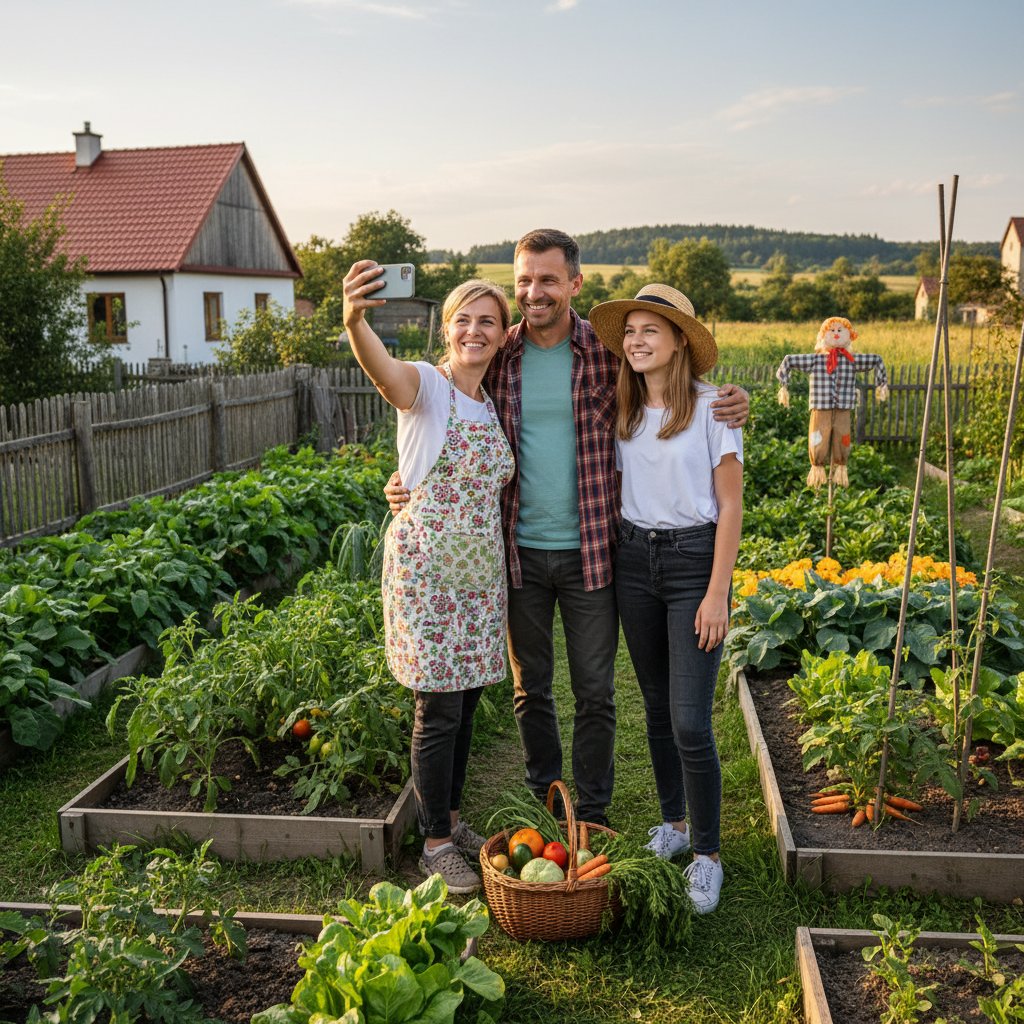 Rodzina ogrodników na działce korzystająca ze smartfona, w tle tradycyjny warzywnik