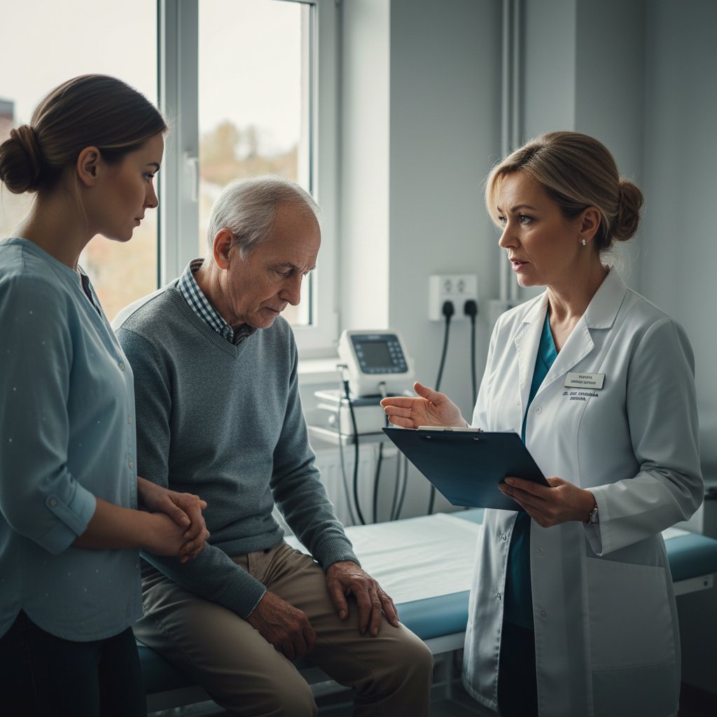 Polski geriatra podczas konsultacji z seniorem w szpitalu, opieka geriatryczna, szpitalne realia