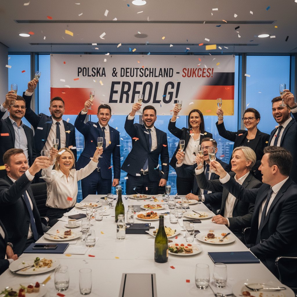 Polsko-niemiecki zespół świętujący sukces projektu, sala konferencyjna, radość