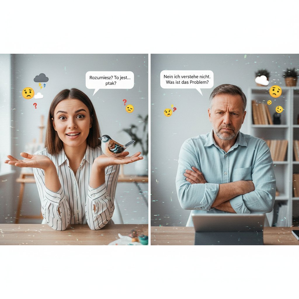 Polak i Niemiec rozmawiają online, widoczna różna mowa ciała i emocje