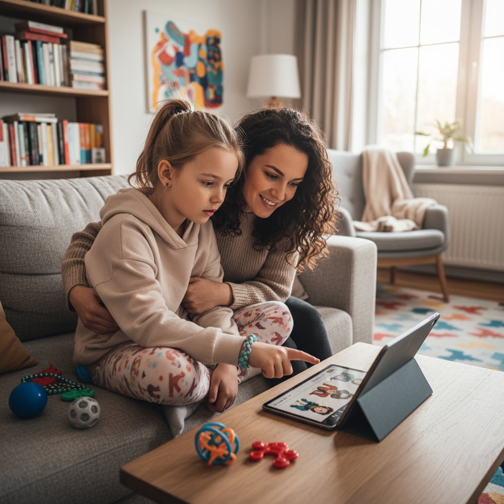 Młoda dziewczyna z adhd podczas dynamicznej lekcji online, w tle zaangażowany opiekun