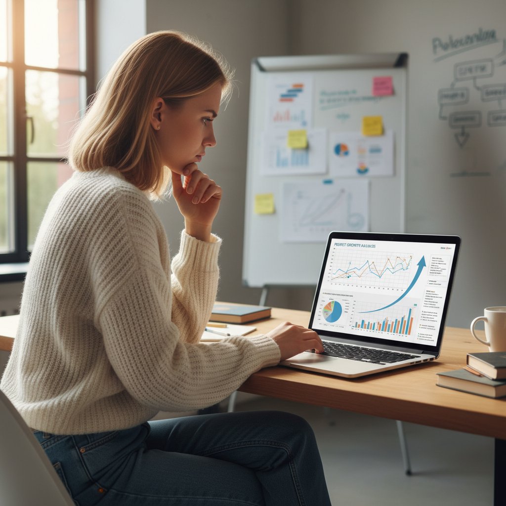 Uczennica analizuje postępy nauki na ekranie laptopa z wykresem rozwoju