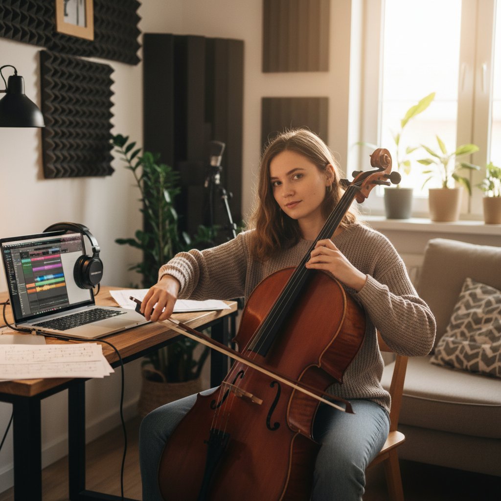 Dziewczyna grająca na wiolonczeli, skupiona przed laptopem, w domowym studio