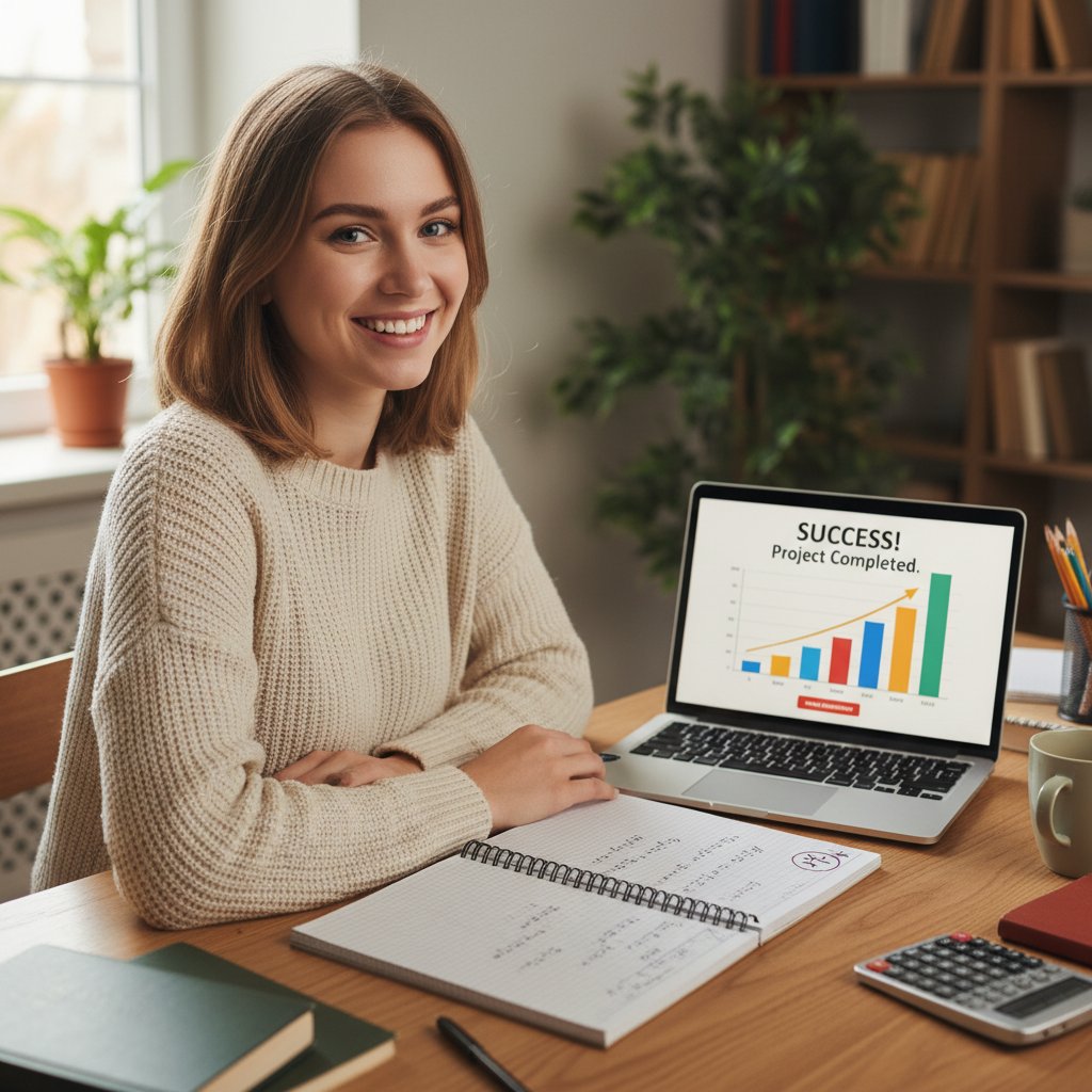 Dziewczyna przy biurku, uśmiechnięta z zeszytem matematyki, obok laptop