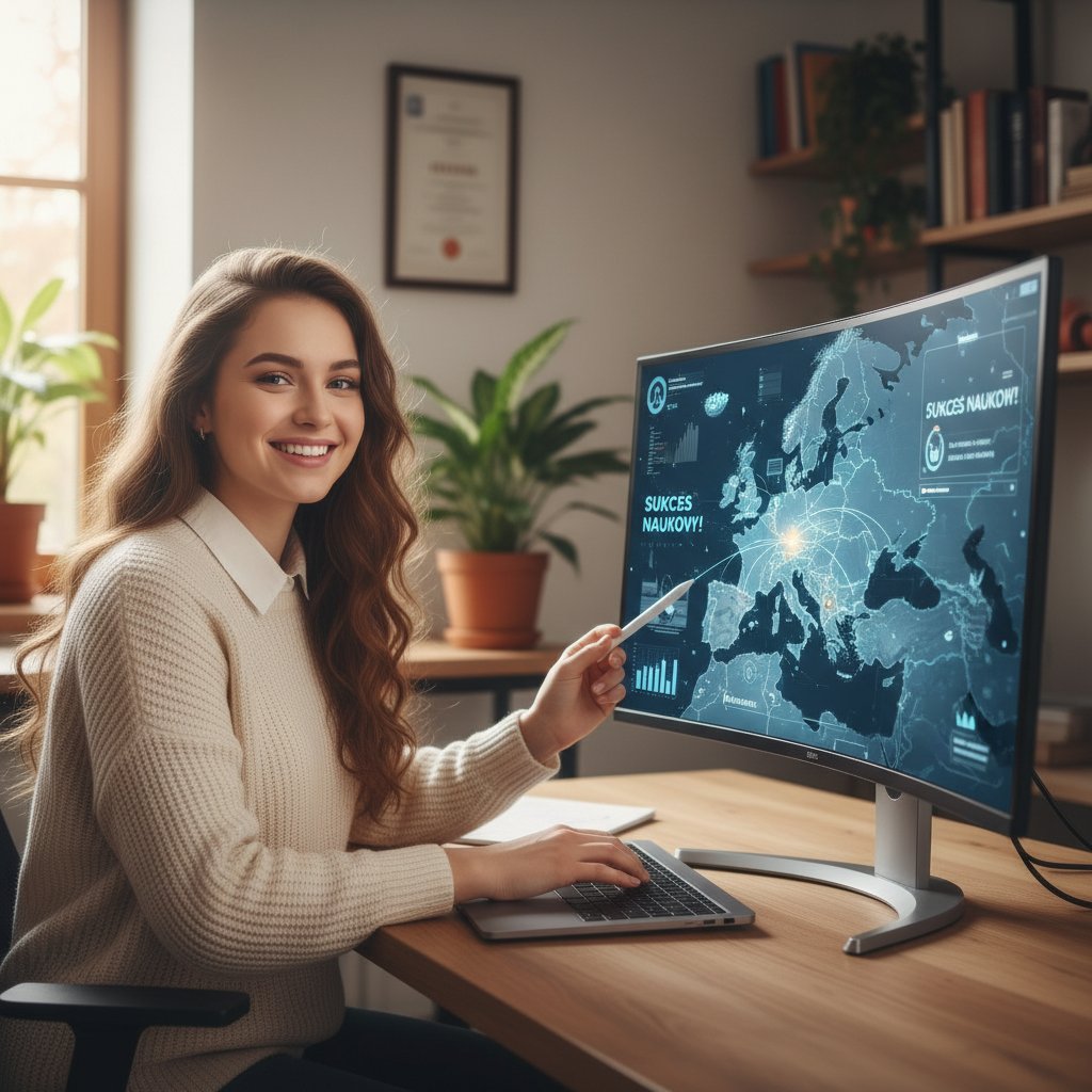 Młoda dziewczyna przy komputerze, sukces edukacyjny, mapa cyfrowa na ekranie