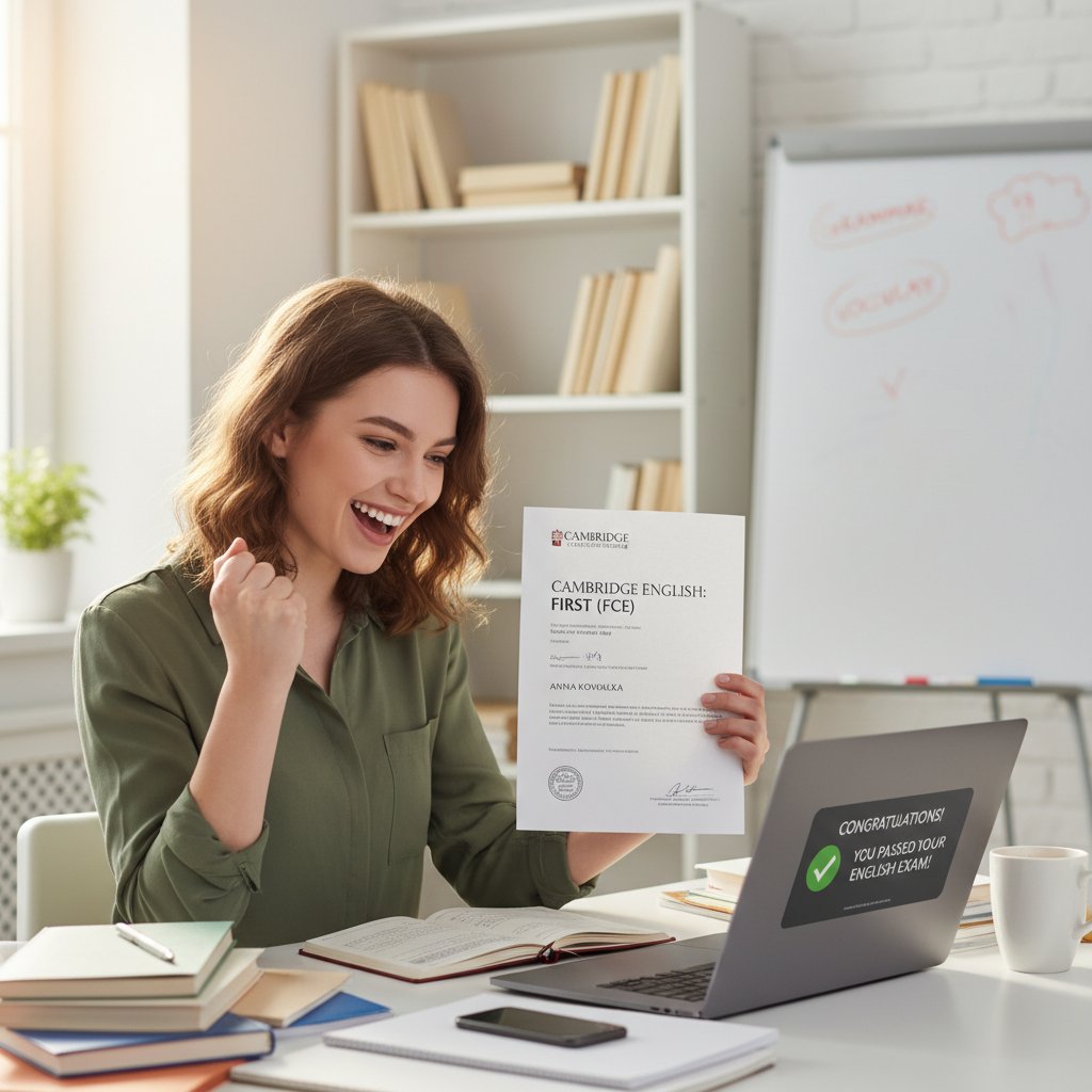 Młoda Polka z dyplomem FCE, szczęśliwa po zdaniu egzaminu online, w tle laptop i domowe biurko