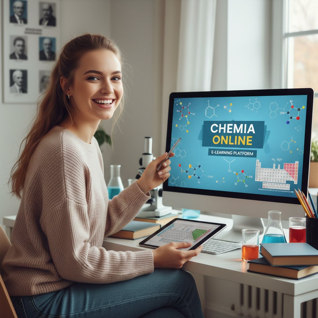 Uśmiechnięta uczennica korzystająca z chemii pomoc online w przytulnym pokoju