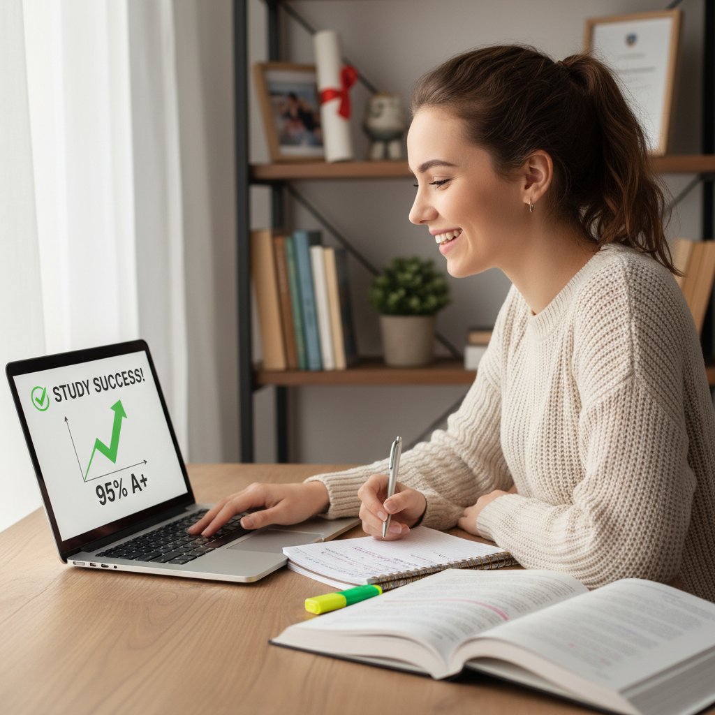 Młoda Polka z książką i laptopem, uśmiech, sukces w nauce, słowa kluczowe: darmowe korepetycje online sukces