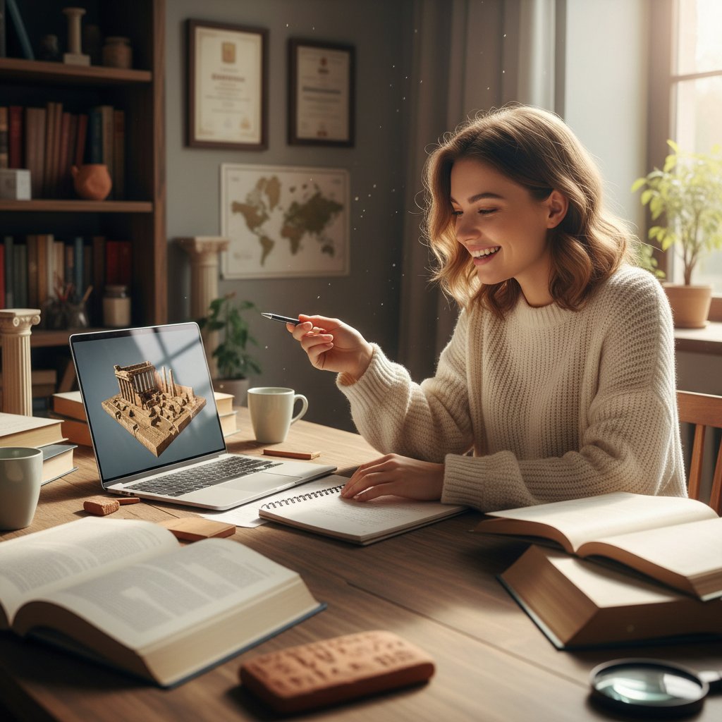 Młoda kobieta z laptopem i notatkami, archeologia online korepetycje, sukces edukacyjny