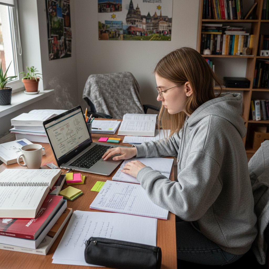 Młoda dziewczyna z uśmiechem i laptopem, otoczona notatkami, przygotowuje się do matury z WOS online