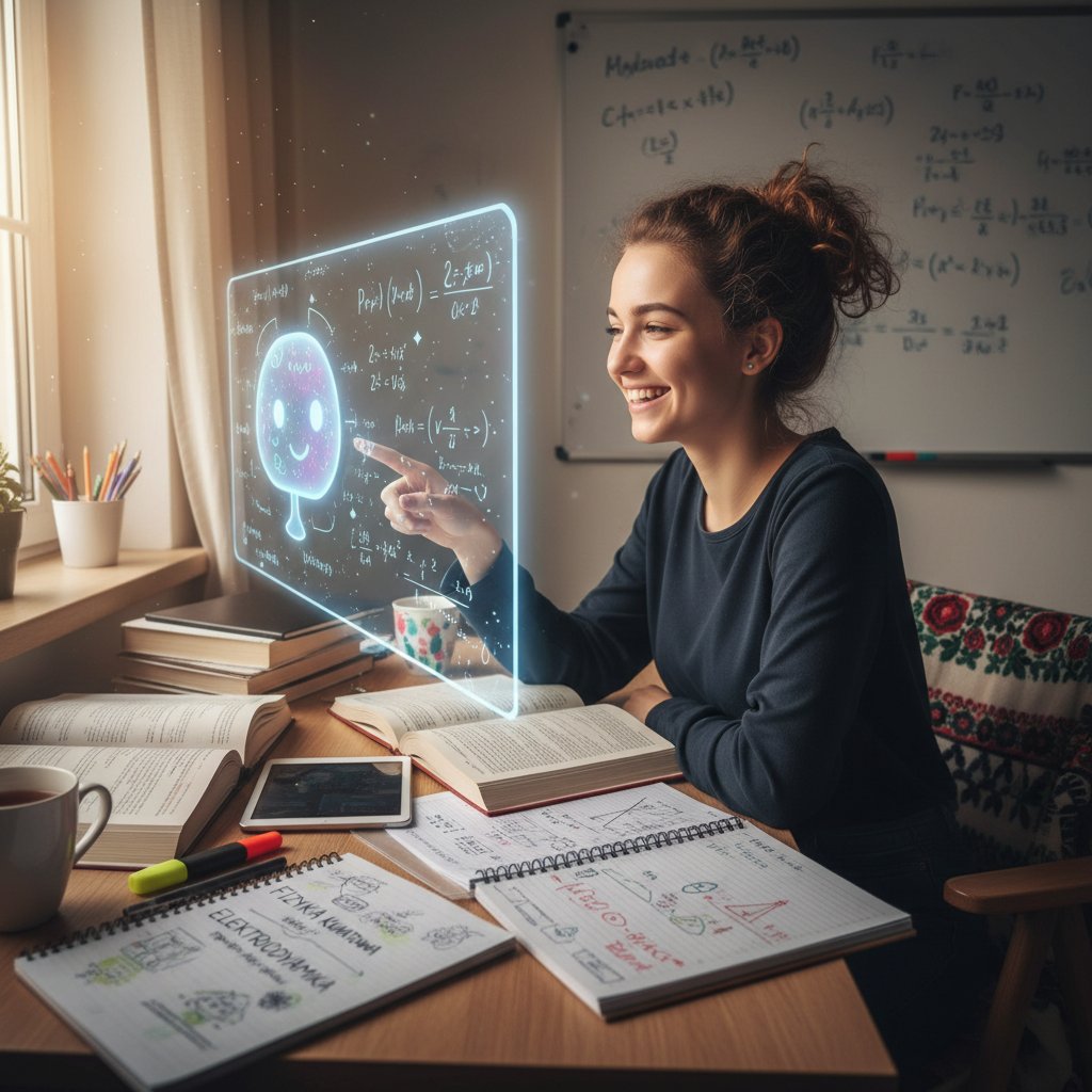 Młoda dziewczyna ucząca się fizyki online z AI, z uśmiechem i notatkami