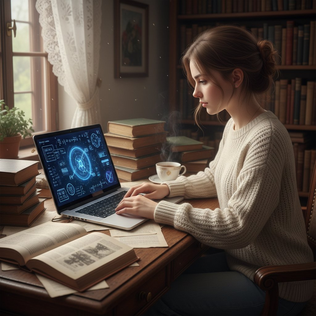 Uczennica korzystająca z laptopa, stare podręczniki na biurku, cyfrowe wzory fizyczne