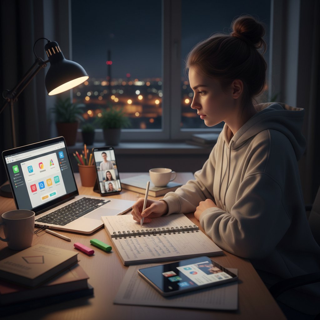 Uczennica z Zabrza korzystająca z aplikacji do nauki online przy biurku, otwarte notatki i komputer