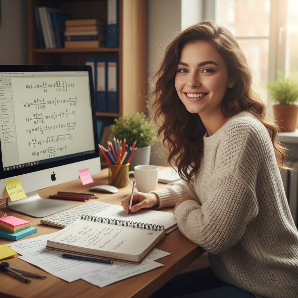 Polska uczennica uśmiechnięta przy komputerze, z notatkami matematycznymi