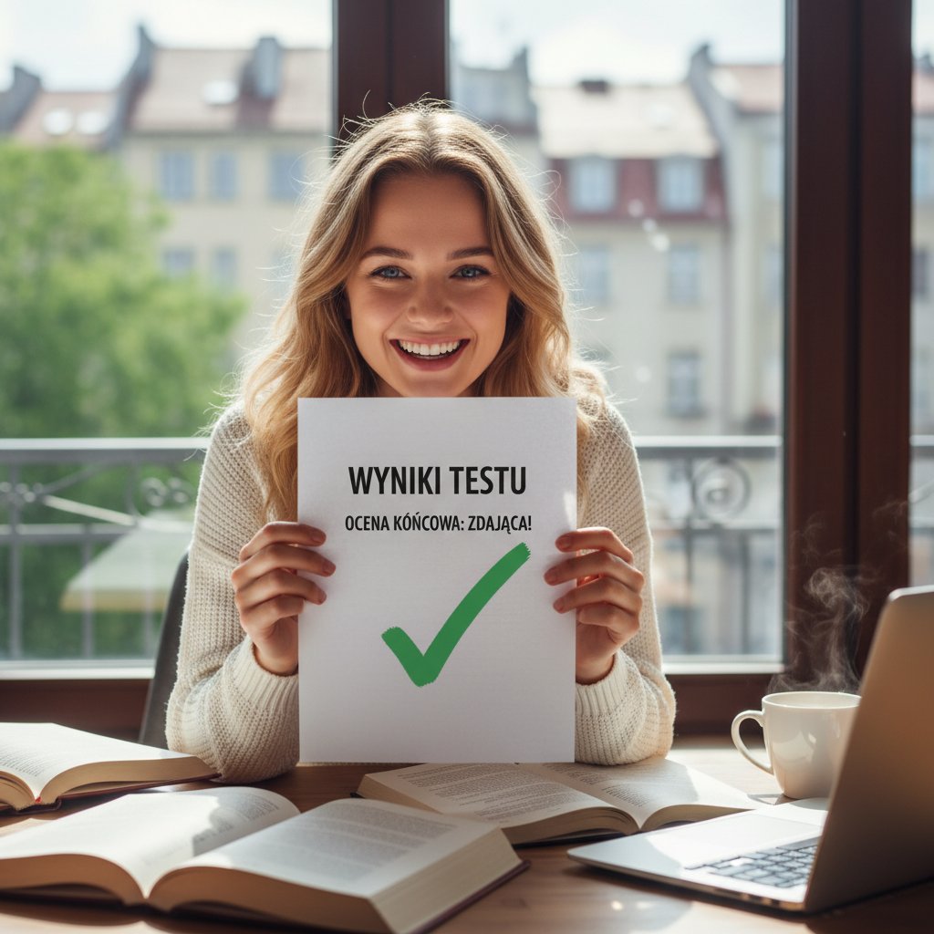 Polska uczennica z uśmiechem patrzy na wyniki testu, symbol zwycięstwa nad systemem