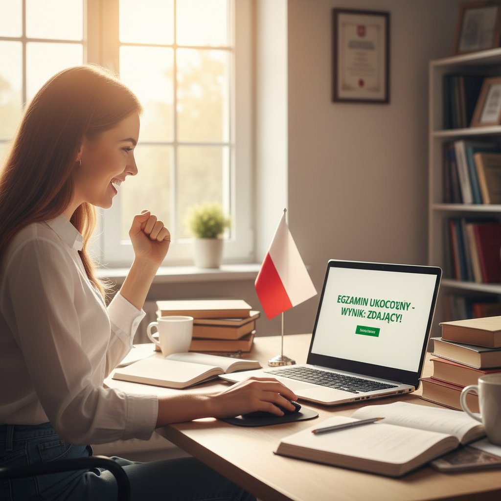 Maturzystka Ania korzystająca z platformy online, rozwiązuje zadania przy laptopie