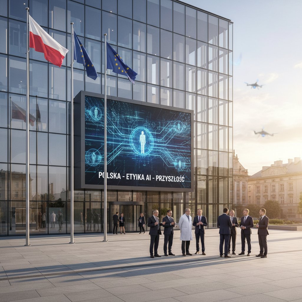 Polski budynek urzędu z flagą UE – symbol wpływu regulacji na etykę AI w Polsce