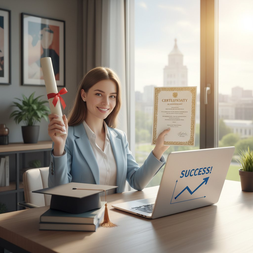 Polski absolwent kursu online, uśmiechnięty z laptopem, certyfikat, sukces po nauce zdalnej