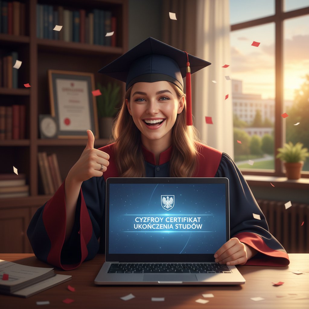 Polski maturzysta zadowolony po zdanym egzaminie, uśmiechnięta twarz, cyfrowy certyfikat na ekranie laptopa