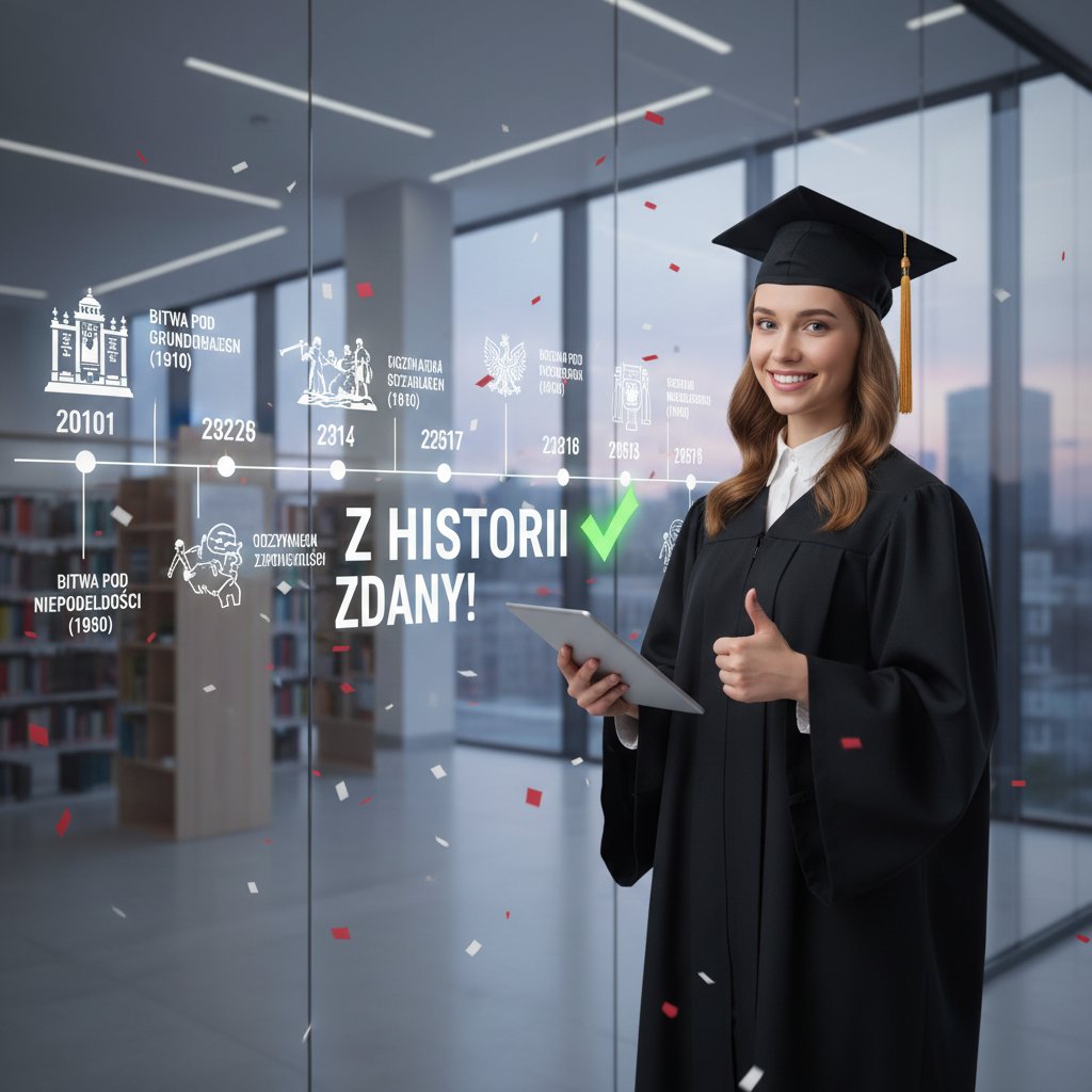 Polski maturzysta świętujący sukces po zdanym egzaminie z historii, laptop z otwartą aplikacją edukacyjną, w tle cyfrowy timeline