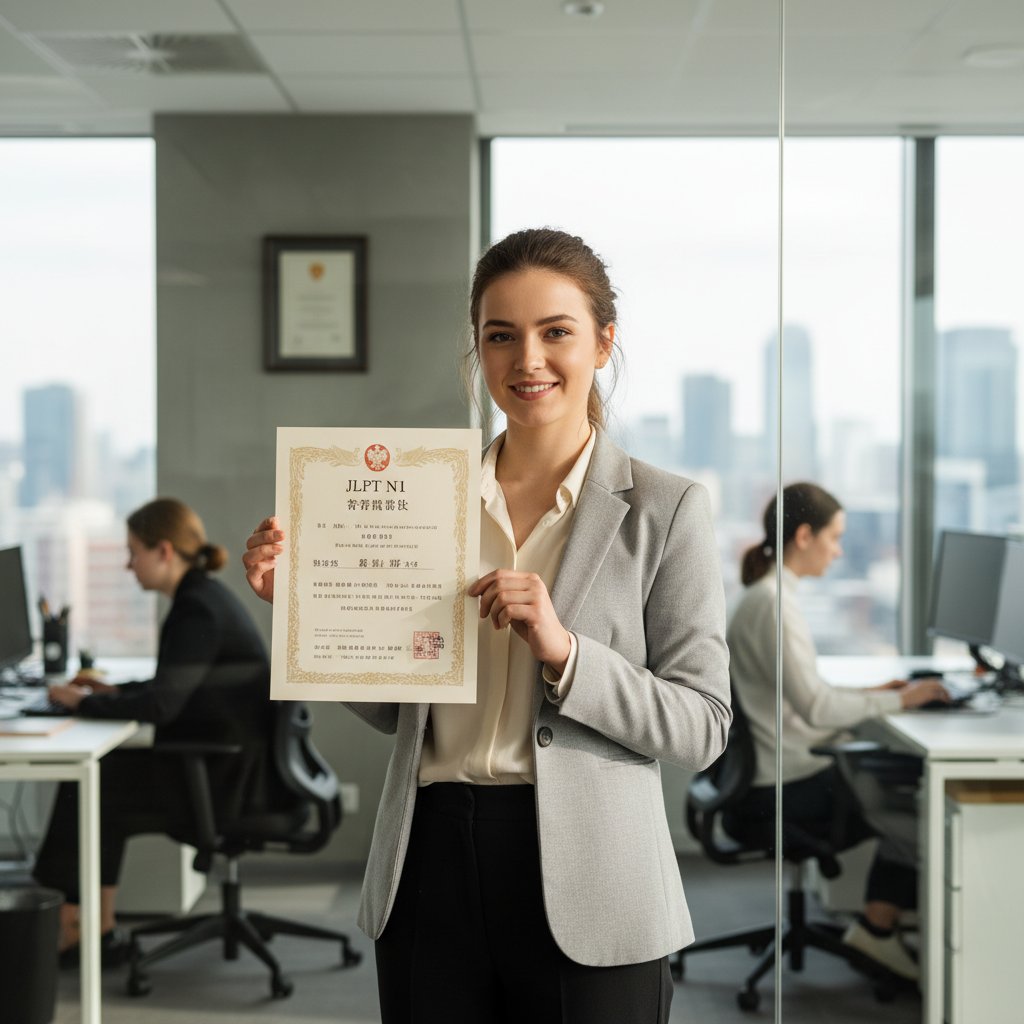 Polski absolwent trzymający certyfikat JLPT, biuro, uśmiech