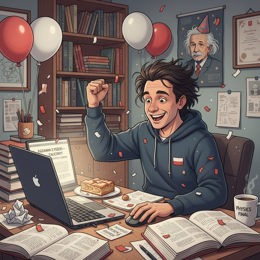 Polski maturzysta zadowolony z wyniku matury z fizyki, laptop i notatki na biurku, atmosfera sukcesu