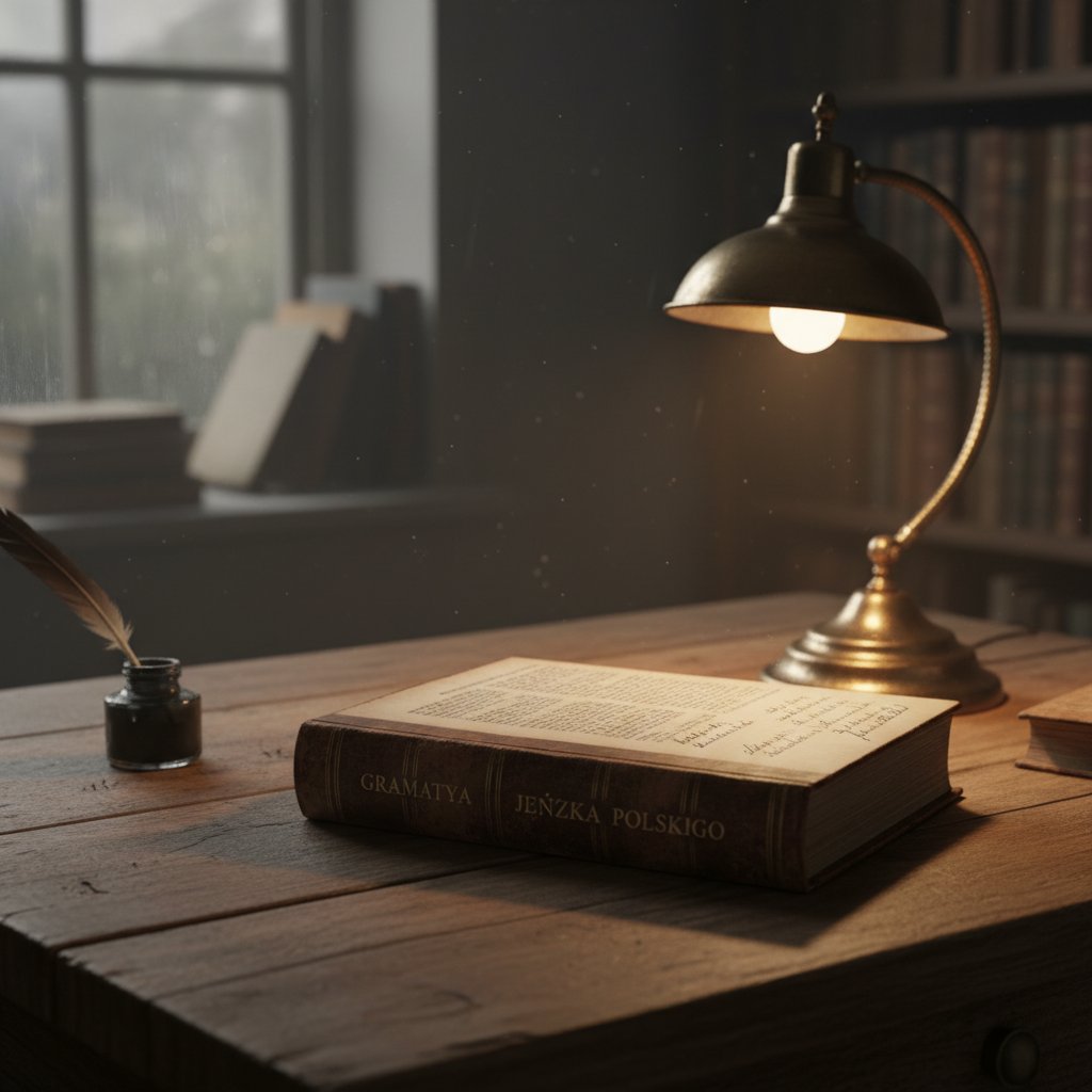 Zbliżenie na podręcznik do gramatyki polskiej, dramatyczne światło, dokumentalny klimat