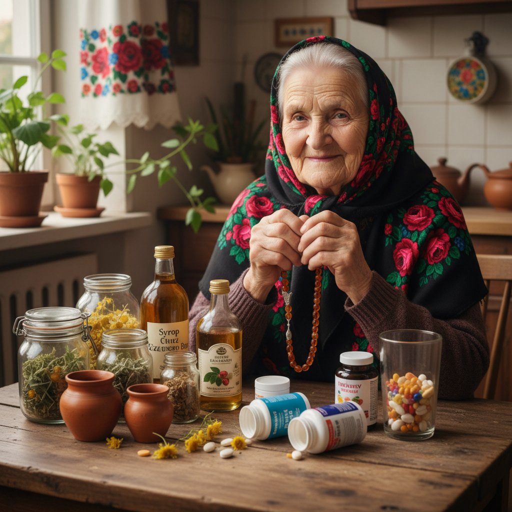 Polska babcia trzymająca różaniec i witaminy – symbol przenikania placebo i przesądów w codzienności