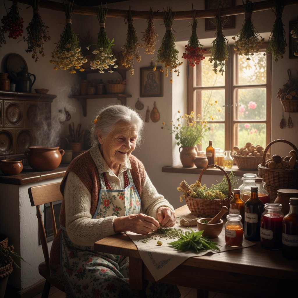 Stara polska kuchnia, starsza kobieta przygotowuje ziołowy napar, tradycyjna autodiagnostyka zdrowotna